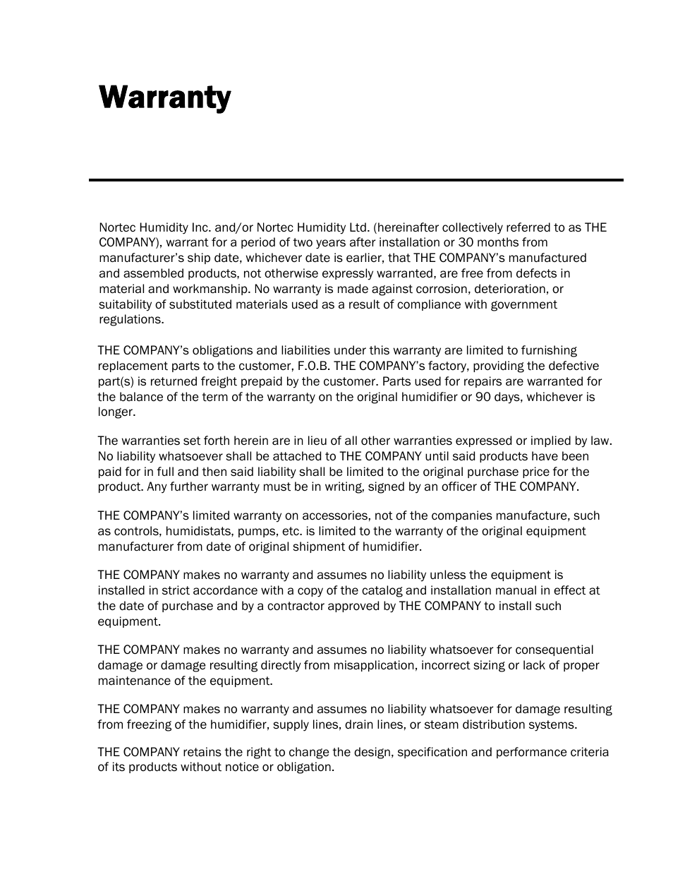 Warranty | Nortec HP Series User Manual | Page 75 / 76