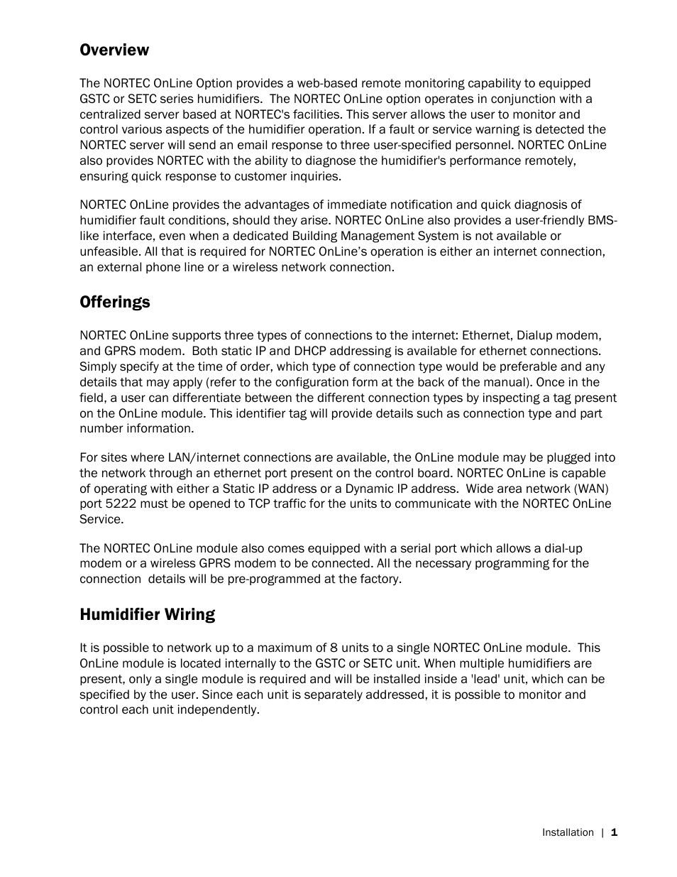 Overview, Offerings, Humidifier wiring | Nortec OnLine GSTC User Manual | Page 5 / 24