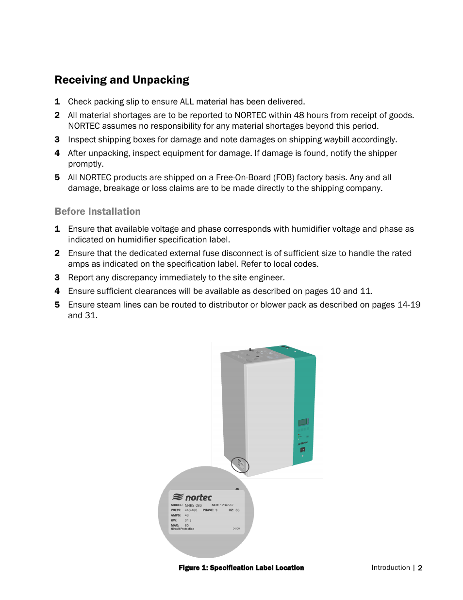 Receiving and unpacking | Nortec NH Series User Manual | Page 5 / 70