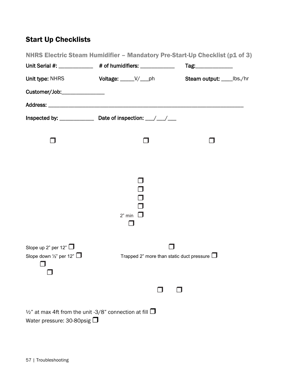 Start up checklists | Nortec NH Series User Manual | Page 60 / 70