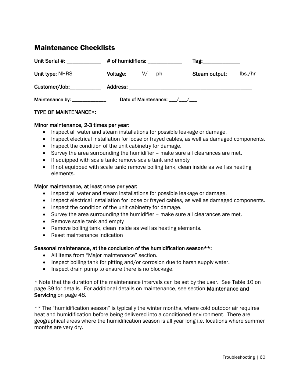 Maintenance checklists | Nortec NH Series User Manual | Page 63 / 70