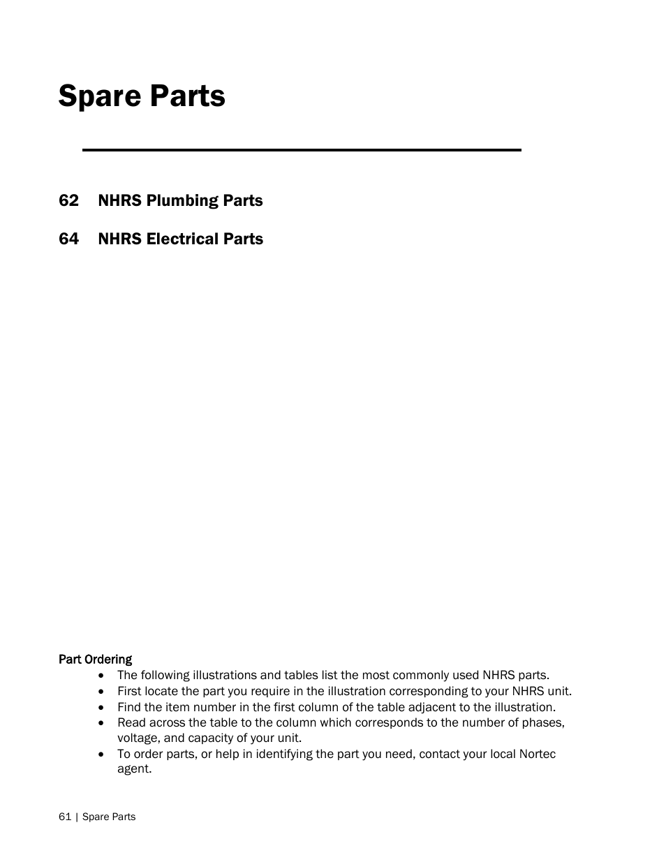 Spare parts, 62 nhrs plumbing parts, 64 nhrs electrical parts | Nortec NH Series User Manual | Page 64 / 70