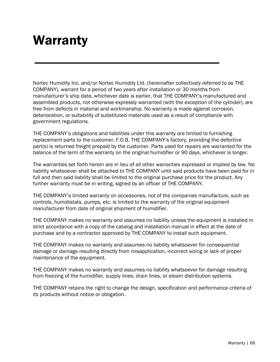 Warranty | Nortec NH Series User Manual | Page 69 / 70