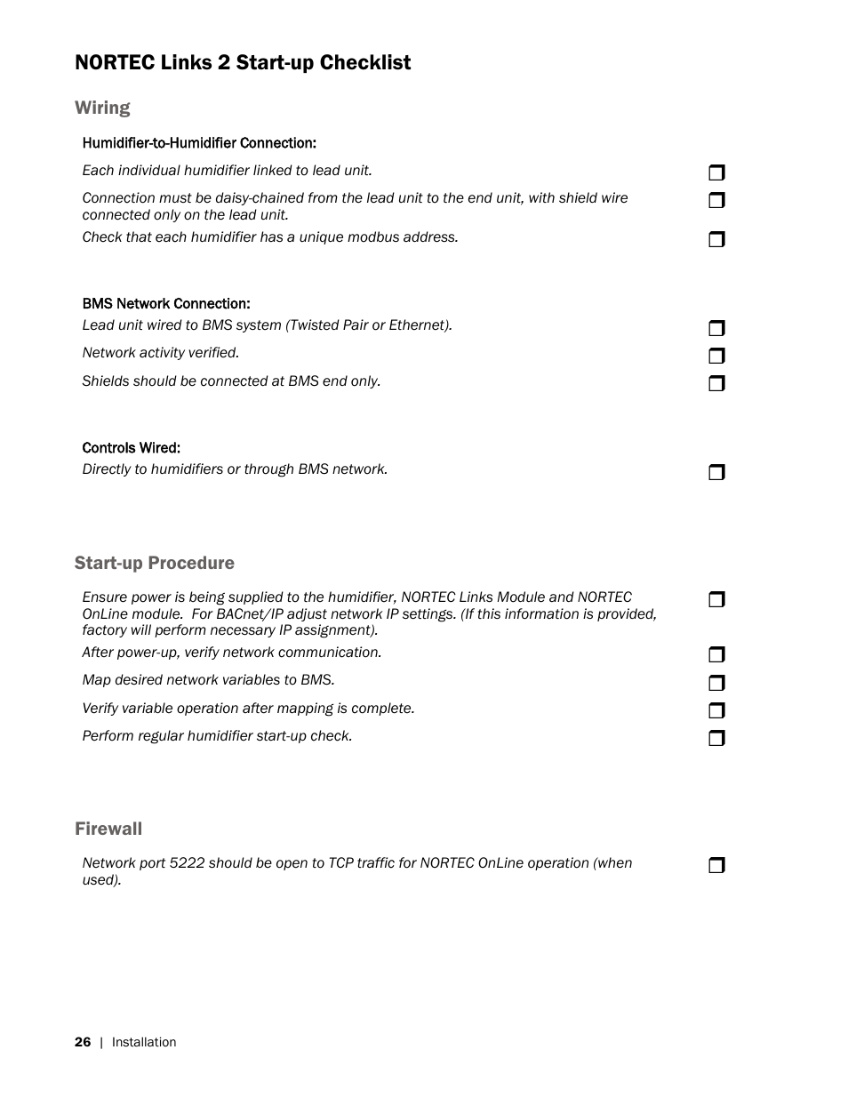 Nortec links 2 start-up checklist | Nortec LINKS 2 GSTC User Manual | Page 30 / 50