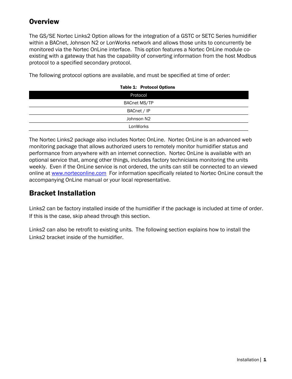 Overview, Bracket installation | Nortec LINKS 2 GSTC User Manual | Page 5 / 50