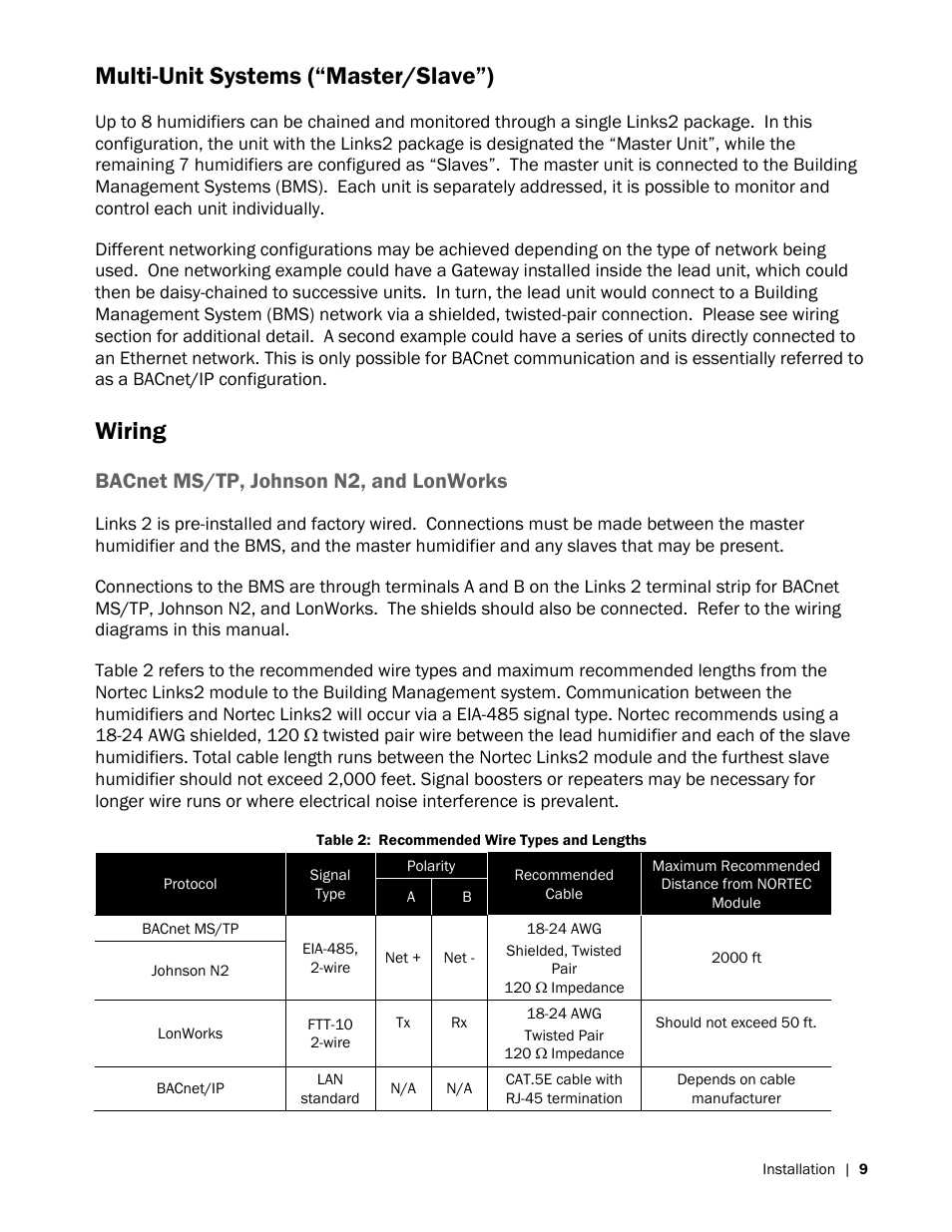 Multi-unit systems (“master/slave”), Wiring, Bacnet ms/tp, johnson n2, and lonworks | Nortec LINKS 2 NHRS User Manual | Page 13 / 44