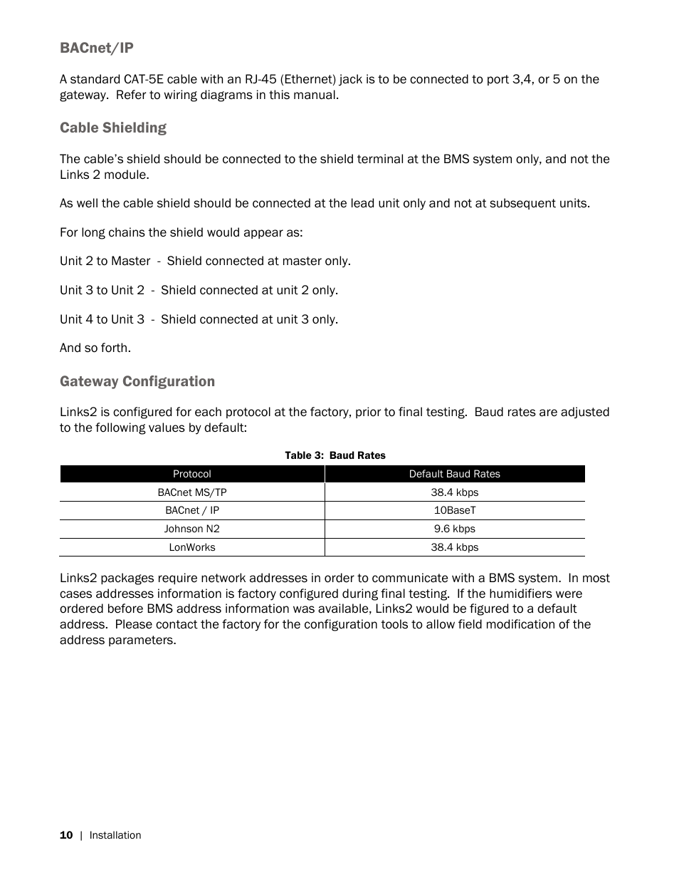 Bacnet/ip, Cable shielding, Gateway configuration | Nortec LINKS 2 NHRS User Manual | Page 14 / 44