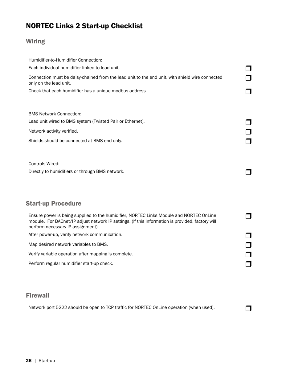 Nortec links 2 start-up checklist | Nortec LINKS 2 NHRS User Manual | Page 30 / 44