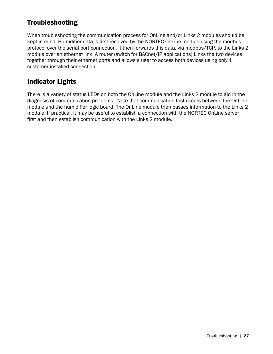 Troubleshooting, Indicator lights | Nortec LINKS 2 NHRS User Manual | Page 31 / 44