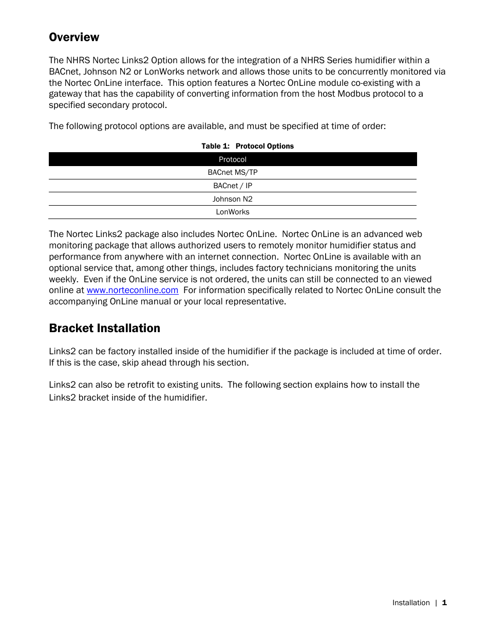 Overview, Bracket installation | Nortec LINKS 2 NHRS User Manual | Page 5 / 44