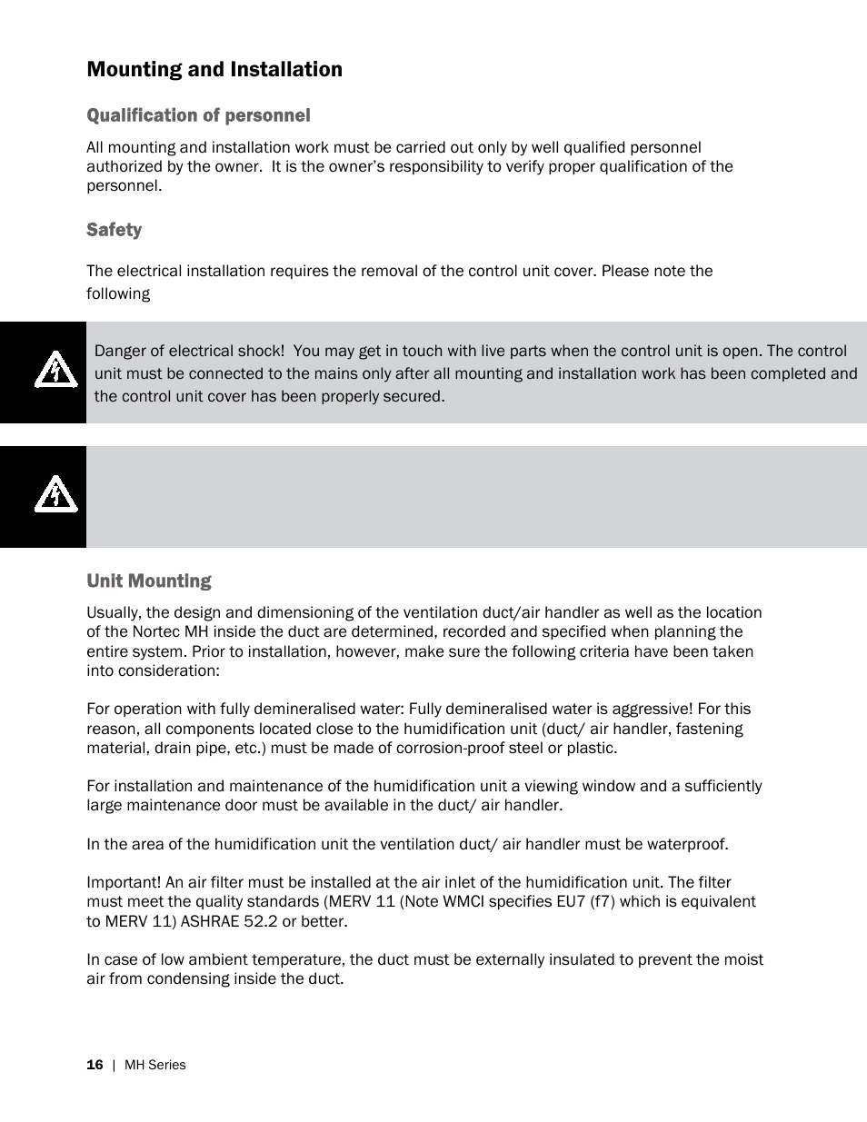 Mounting and installation | Nortec MH Series User Manual | Page 20 / 58