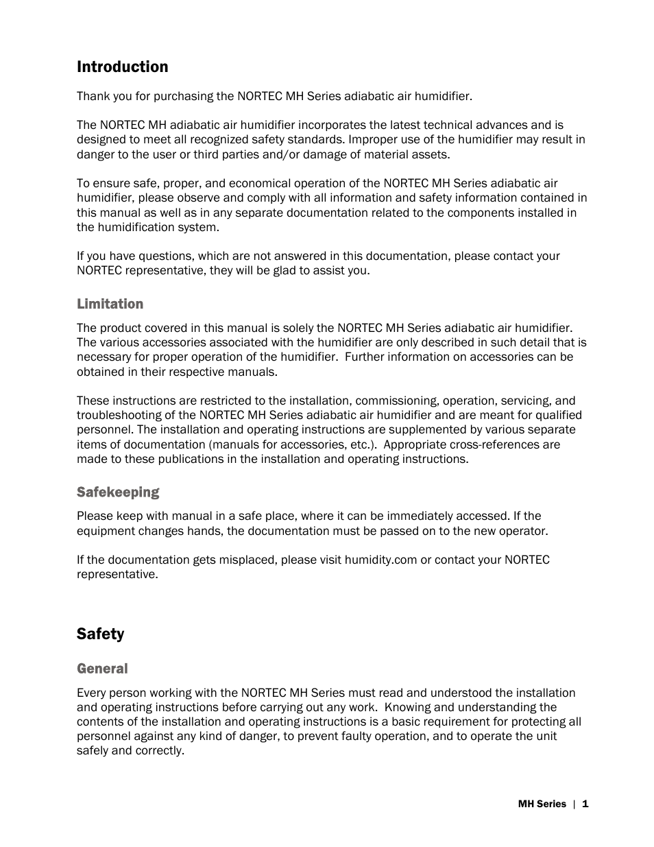 Introduction, Safety | Nortec MH Series User Manual | Page 5 / 58