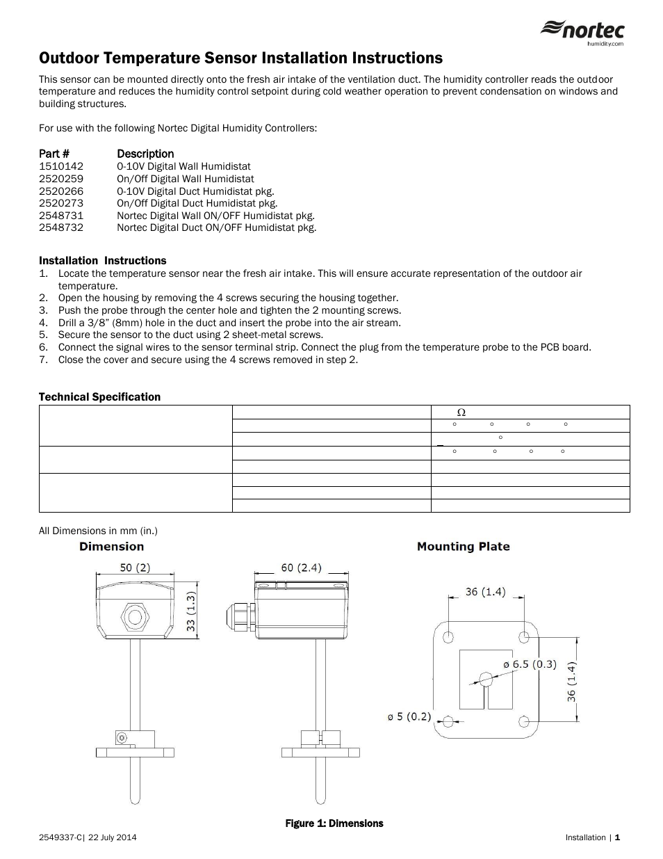 Nortec Outdoor Temperature Sensor User Manual | 2 pages