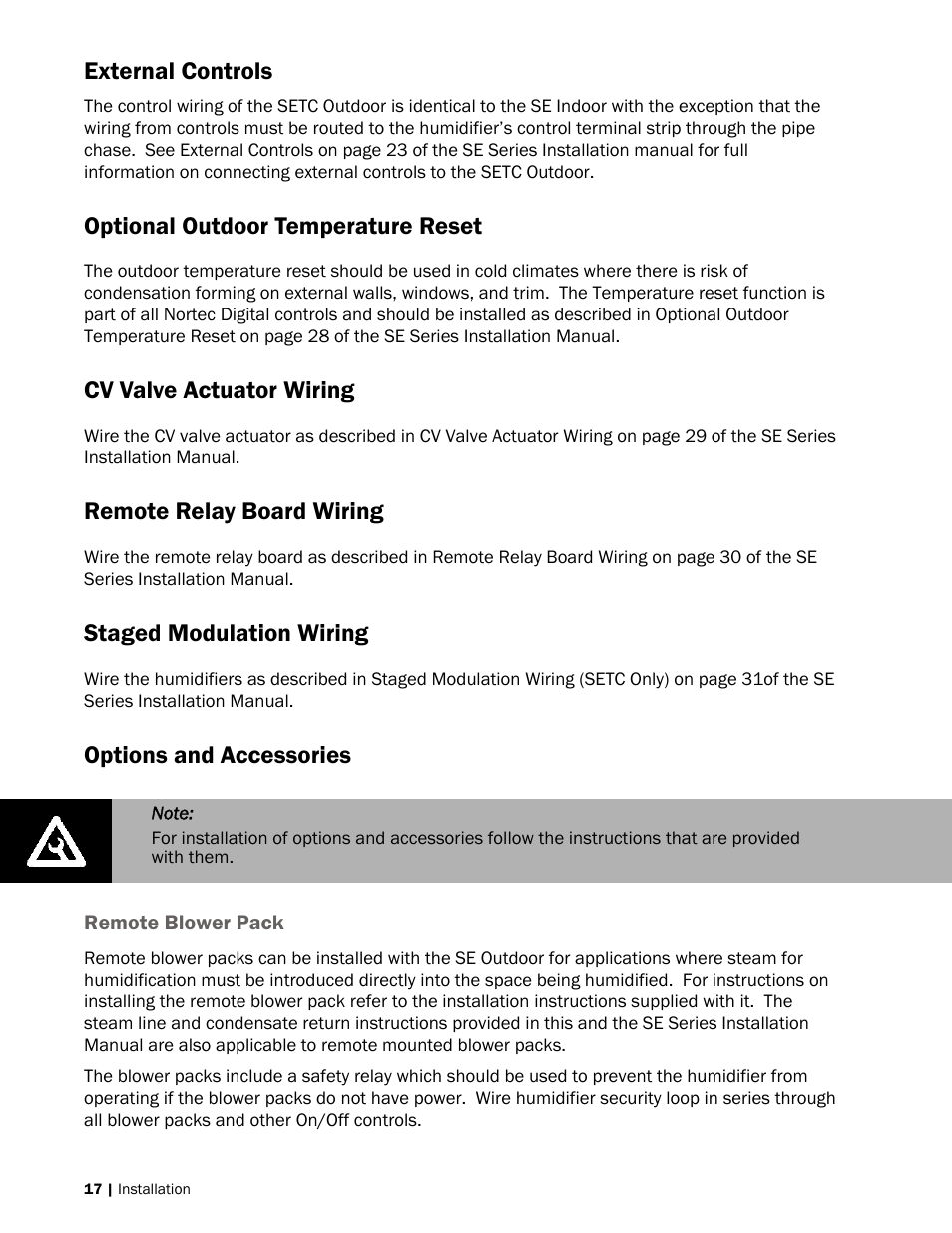 External controls, Optional outdoor temperature reset, Cv valve actuator wiring | Remote relay board wiring, Staged modulation wiring, Options and accessories | Nortec SETC Outdoor User Manual | Page 20 / 32