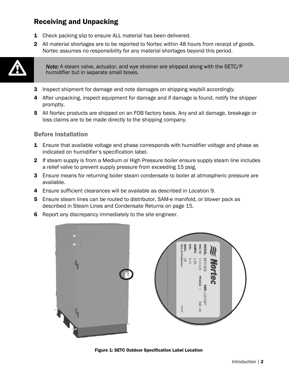 Receiving and unpacking | Nortec SETC Outdoor User Manual | Page 5 / 32