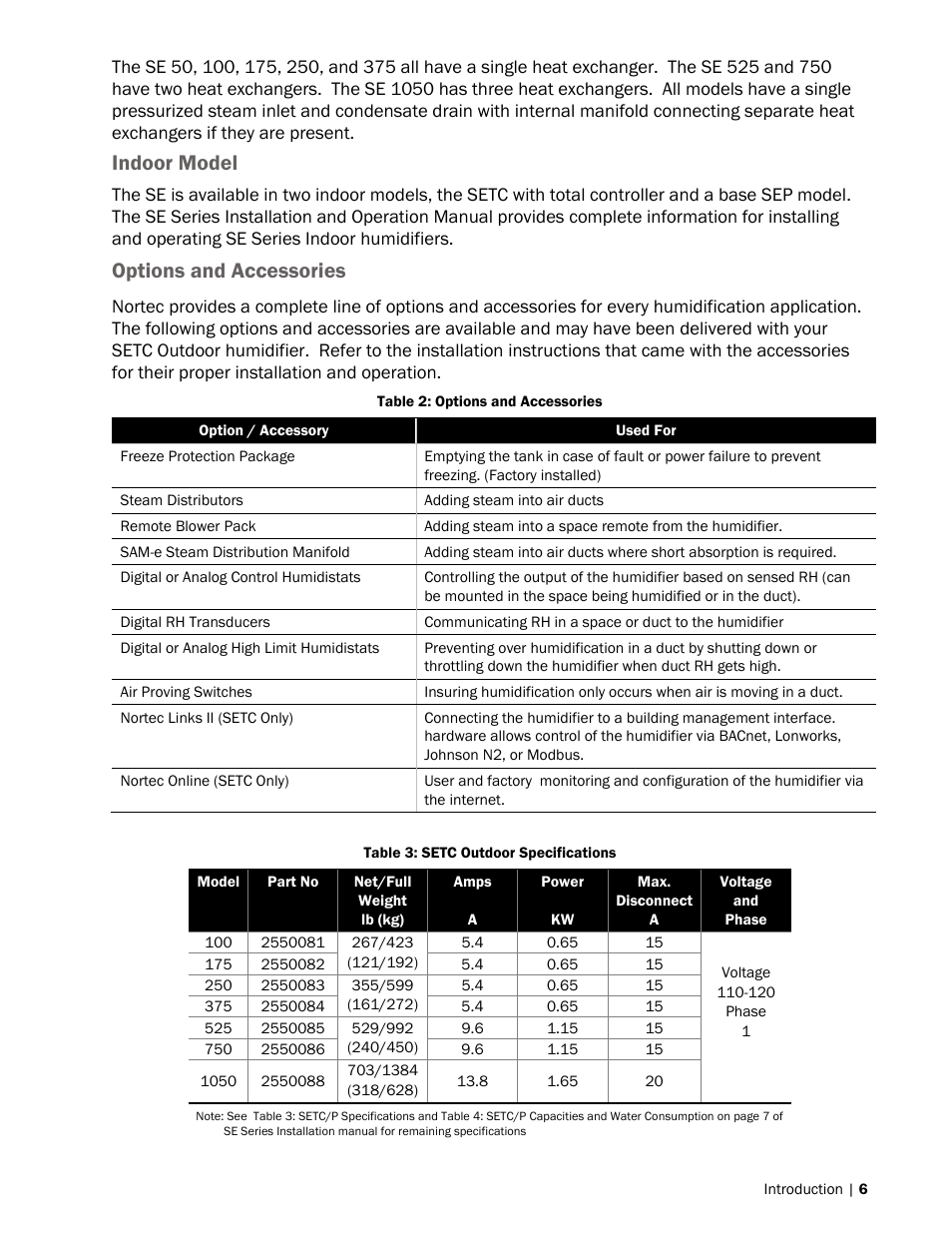 Indoor model, Options and accessories | Nortec SETC Outdoor User Manual | Page 9 / 32