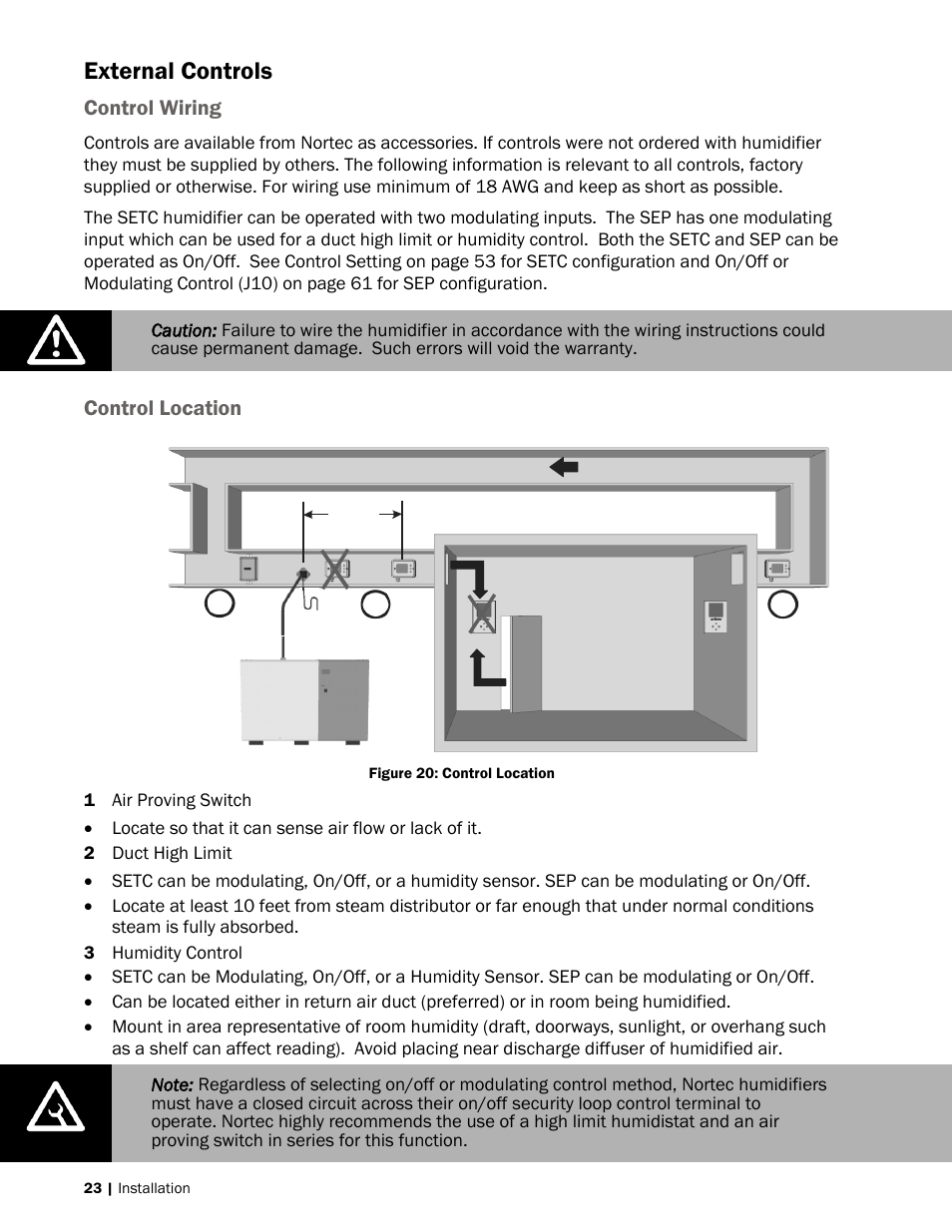 23 external controls, 23 control wiring, 23 control location | External controls, Control wiring, Control location | Nortec SE Series User Manual | Page 26 / 100