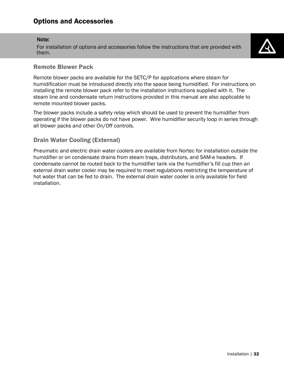 32 options and accessories, 32 remote blower pack, Options and accessories | Nortec SE Series User Manual | Page 35 / 100