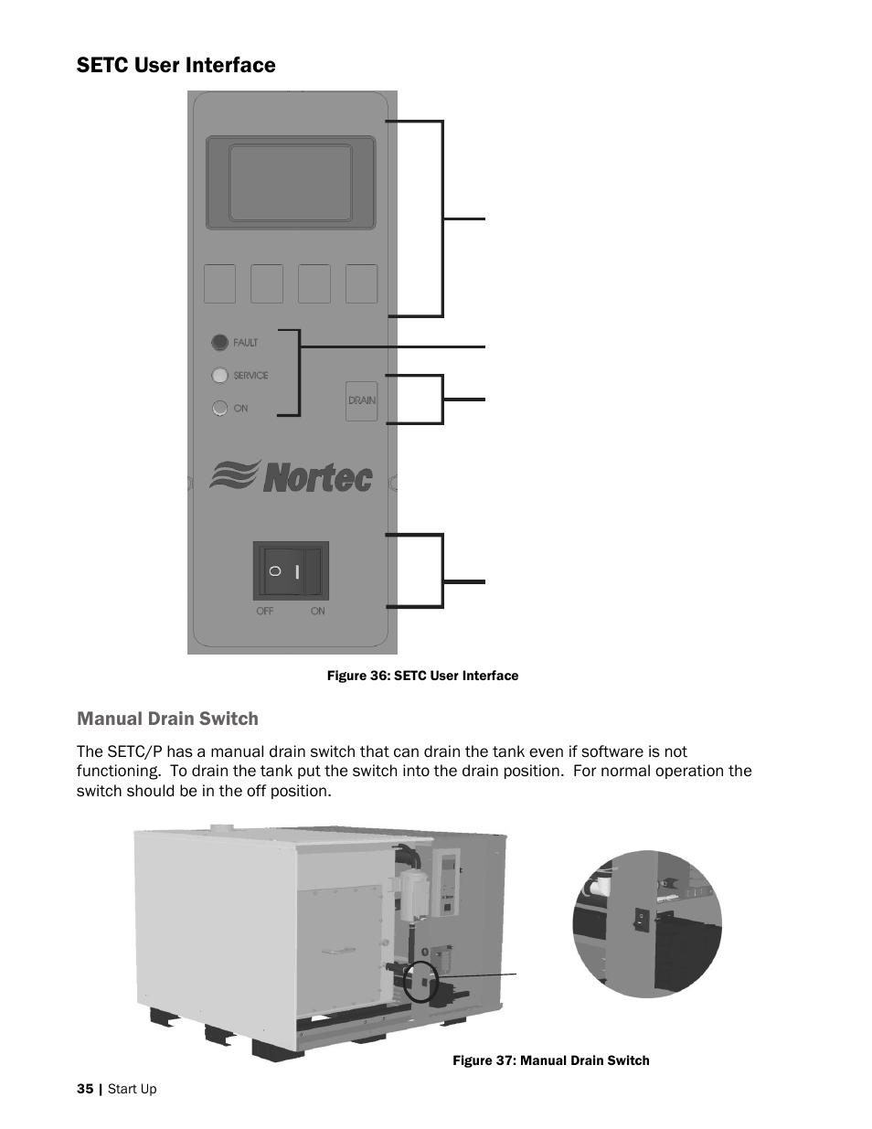 35 setc user interface, 35 manual drain switch, Setc user interface | Manual drain switch | Nortec SE Series User Manual | Page 38 / 100