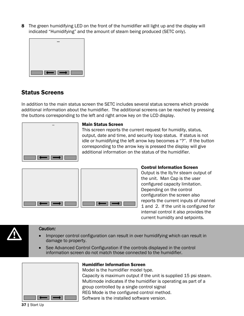 37 status screens, Status screens | Nortec SE Series User Manual | Page 40 / 100