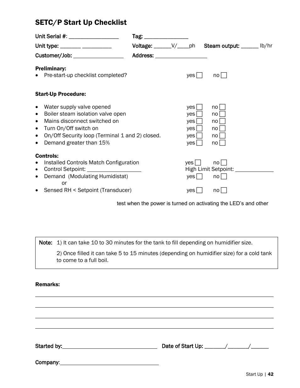 42 setc/p start up checklist, Setc/p start up checklist | Nortec SE Series User Manual | Page 45 / 100