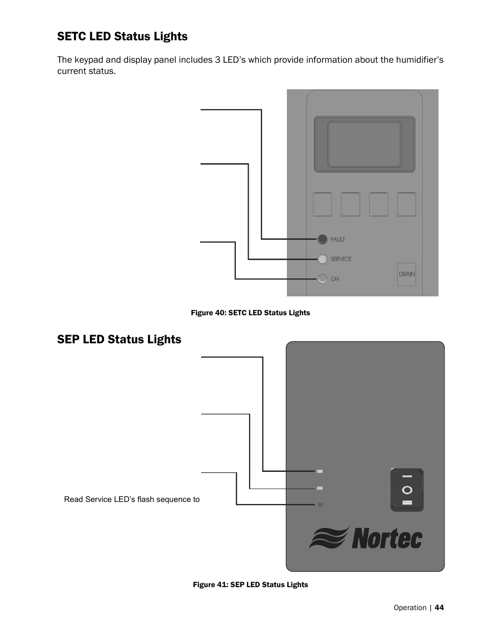 44 setc led status lights, 44 sep led status lights, 44 setc led status lights 44 sep led status lights | Setc led status lights, Sep led status lights | Nortec SE Series User Manual | Page 47 / 100