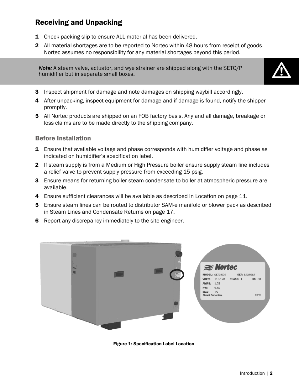 2 receiving and unpacking, Receiving and unpacking | Nortec SE Series User Manual | Page 5 / 100