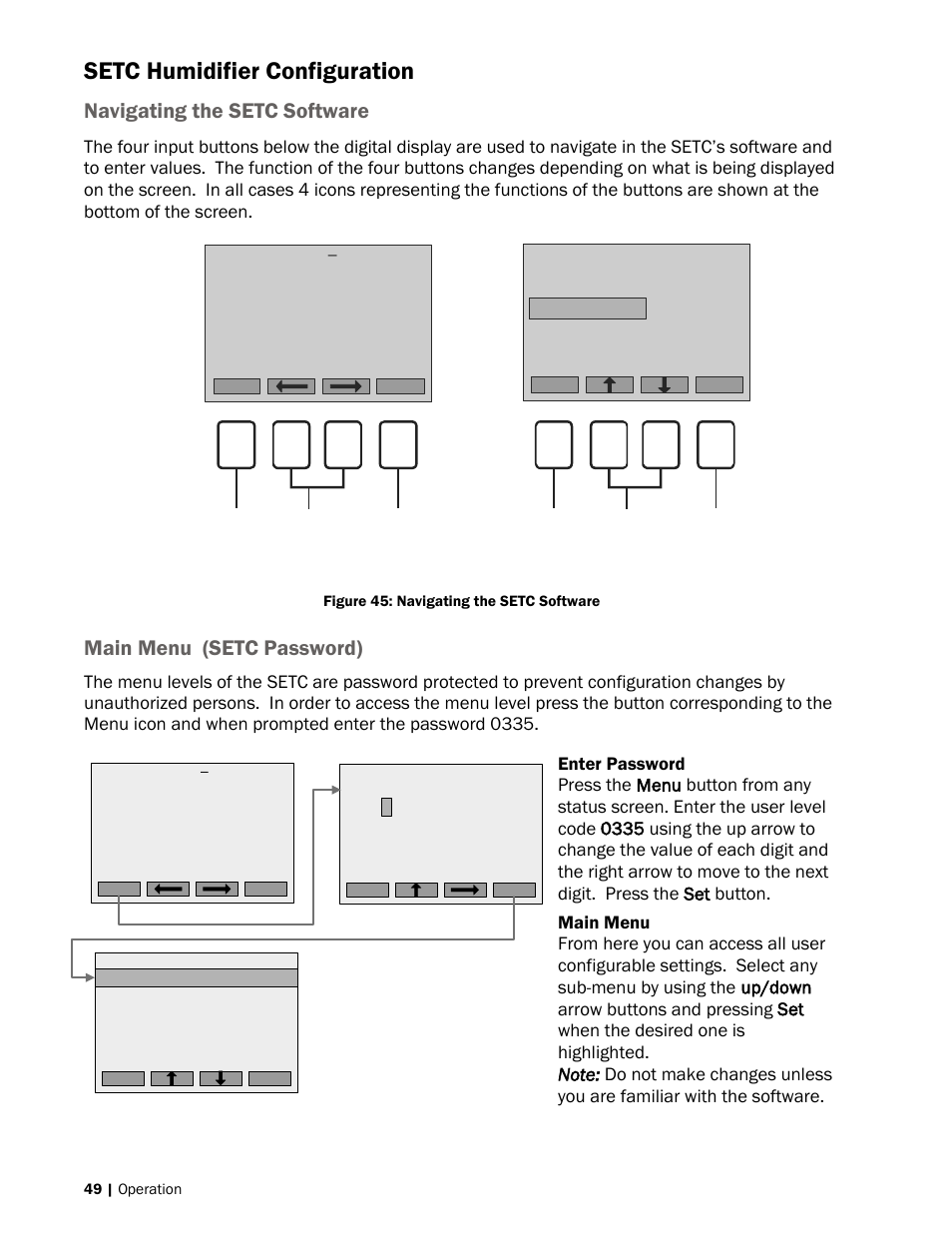 49 setc humidifier configuration, 49 navigating the setc software, 49 main menu (setc password) | Setc humidifier configuration, Navigating the setc software, Main menu (setc password) | Nortec SE Series User Manual | Page 52 / 100