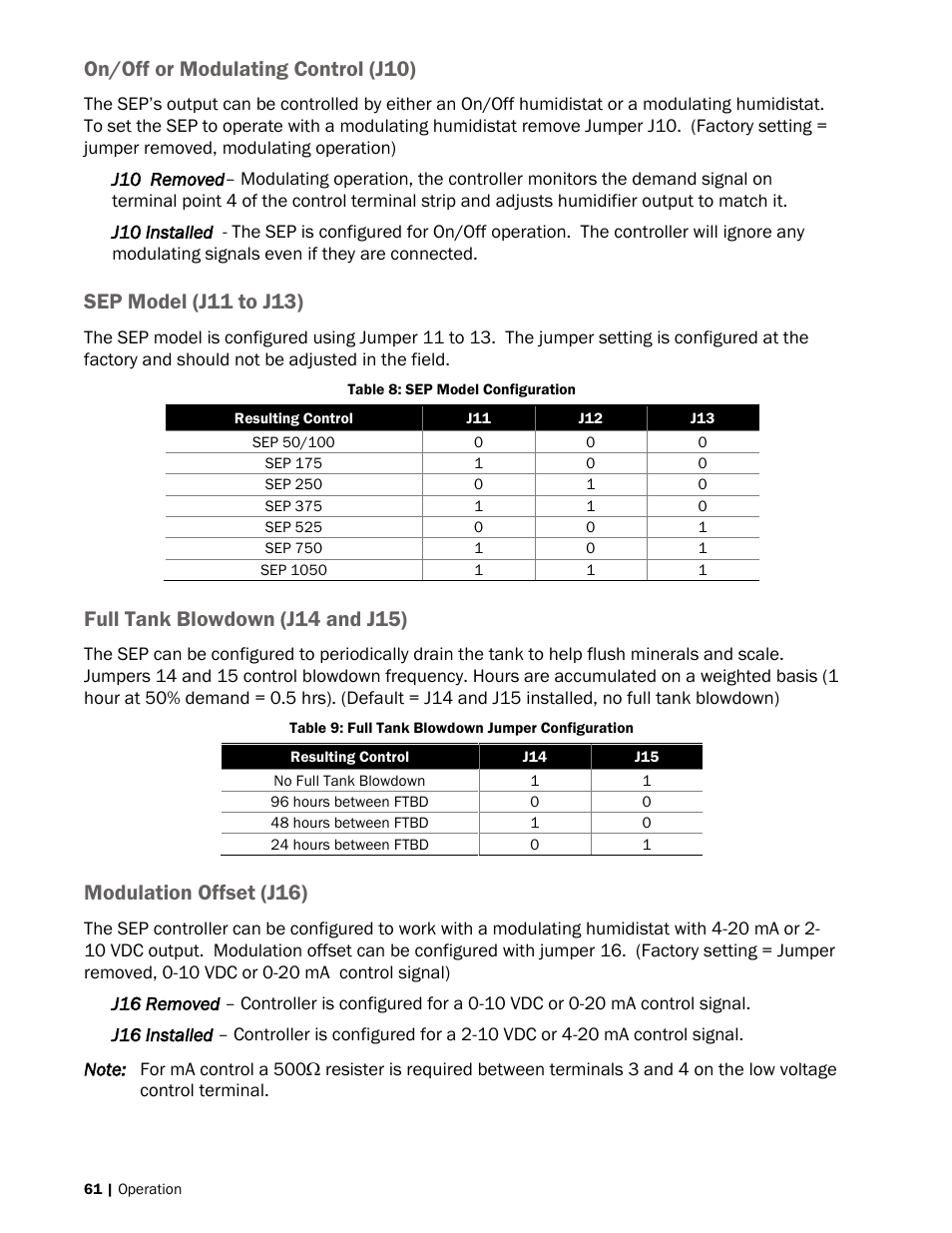 D on/off or modulating control (j10), Age 61, On/off or modulating control (j10) | Sep model (j11 to j13), Full tank blowdown (j14 and j15), Modulation offset (j16) | Nortec SE Series User Manual | Page 64 / 100