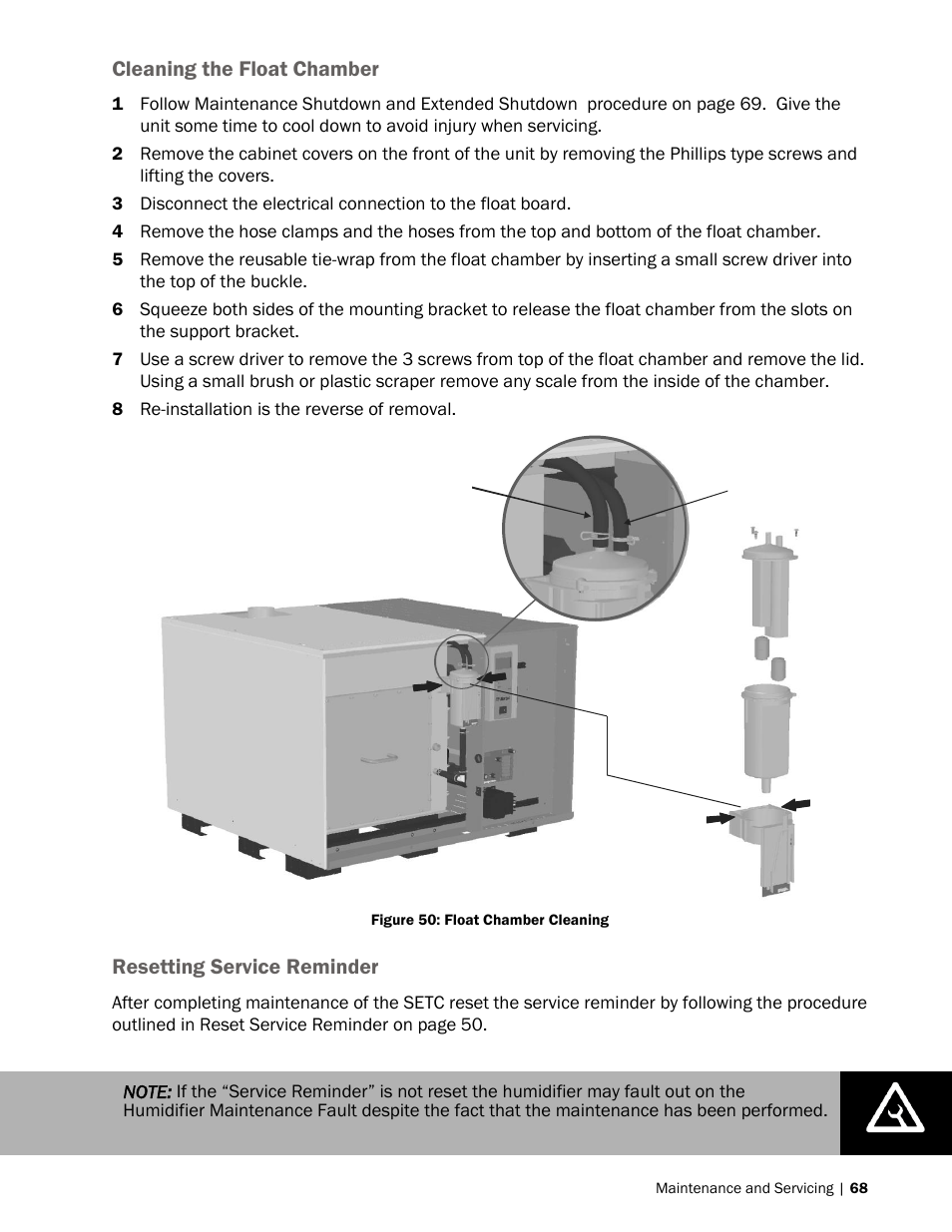 68 cleaning the float chamber, 68 resetting service reminder, Cleaning the float chamber | Resetting service reminder | Nortec SE Series User Manual | Page 71 / 100