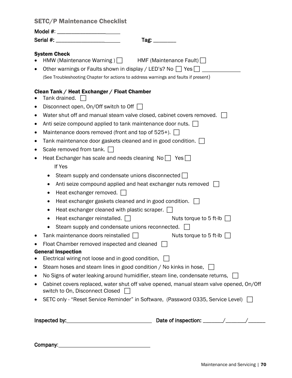 70 setc/p maintenance checklist | Nortec SE Series User Manual | Page 73 / 100