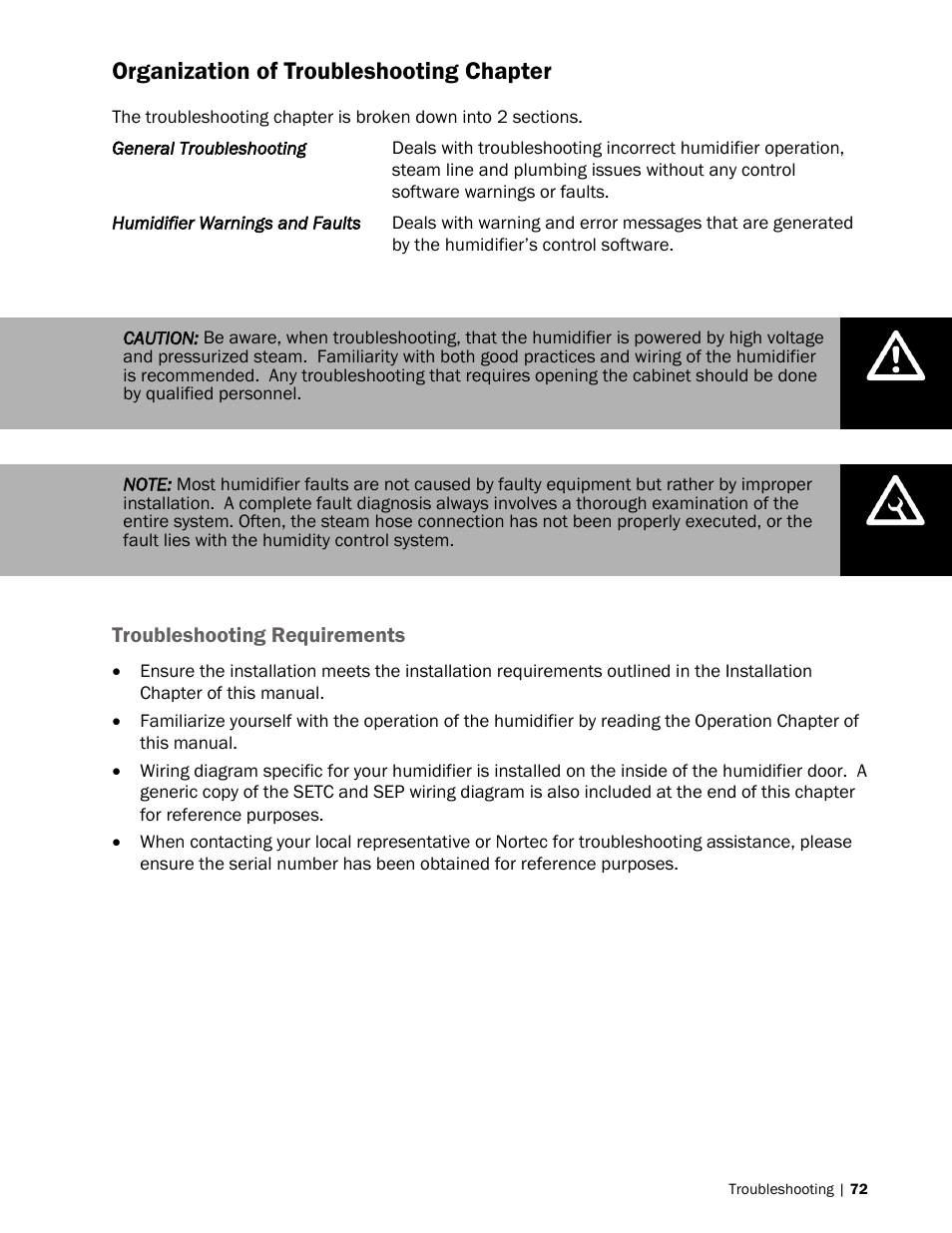 72 organization of troubleshooting chapter, 72 troubleshooting requirements, Organization of troubleshooting chapter | Nortec SE Series User Manual | Page 75 / 100