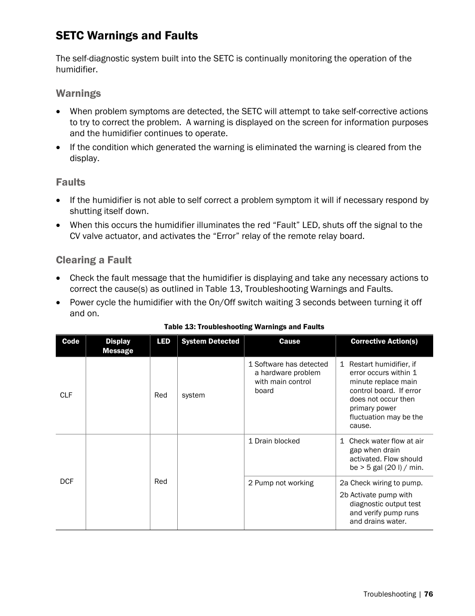76 setc warnings and faults, 76 warnings, 76 faults | 76 clearing a fault, Setc warnings and faults, Warnings, Faults, Clearing a fault | Nortec SE Series User Manual | Page 79 / 100
