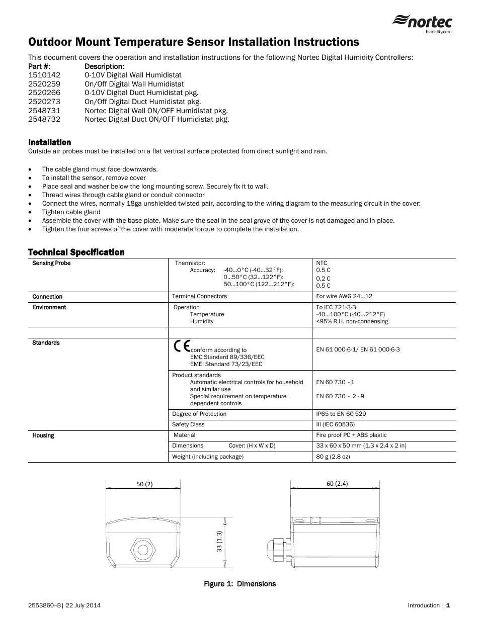 Nortec Outdoor Mount Temperature Sensor User Manual | 2 pages