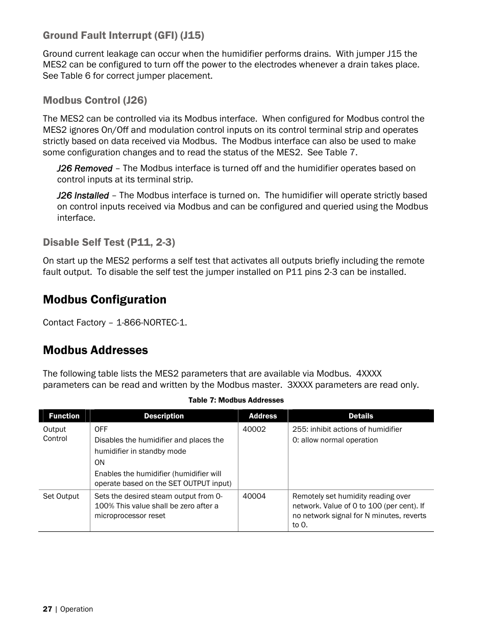 Modbus configuration, Modbus addresses, Ground fault interrupt (gfi) (j15) | Modbus control (j26), Disable self test (p11, 2-3) | Nortec MES2 User Manual | Page 30 / 54