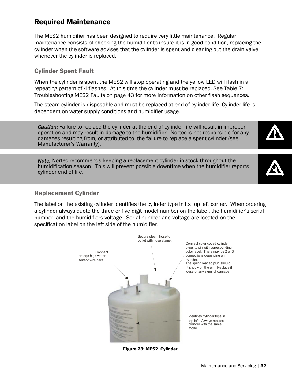 Required maintenance, Cylinder spent fault, Replacement cylinder | Nortec MES2 User Manual | Page 35 / 54