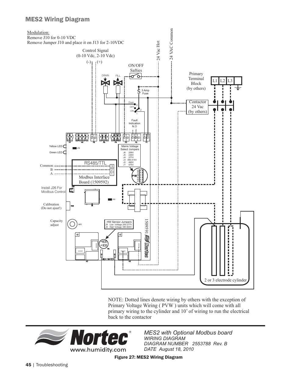 Mes2 wiring diagram, Mes2 with optional modbus board, Rs485/ttl | Nortec MES2 User Manual | Page 48 / 54