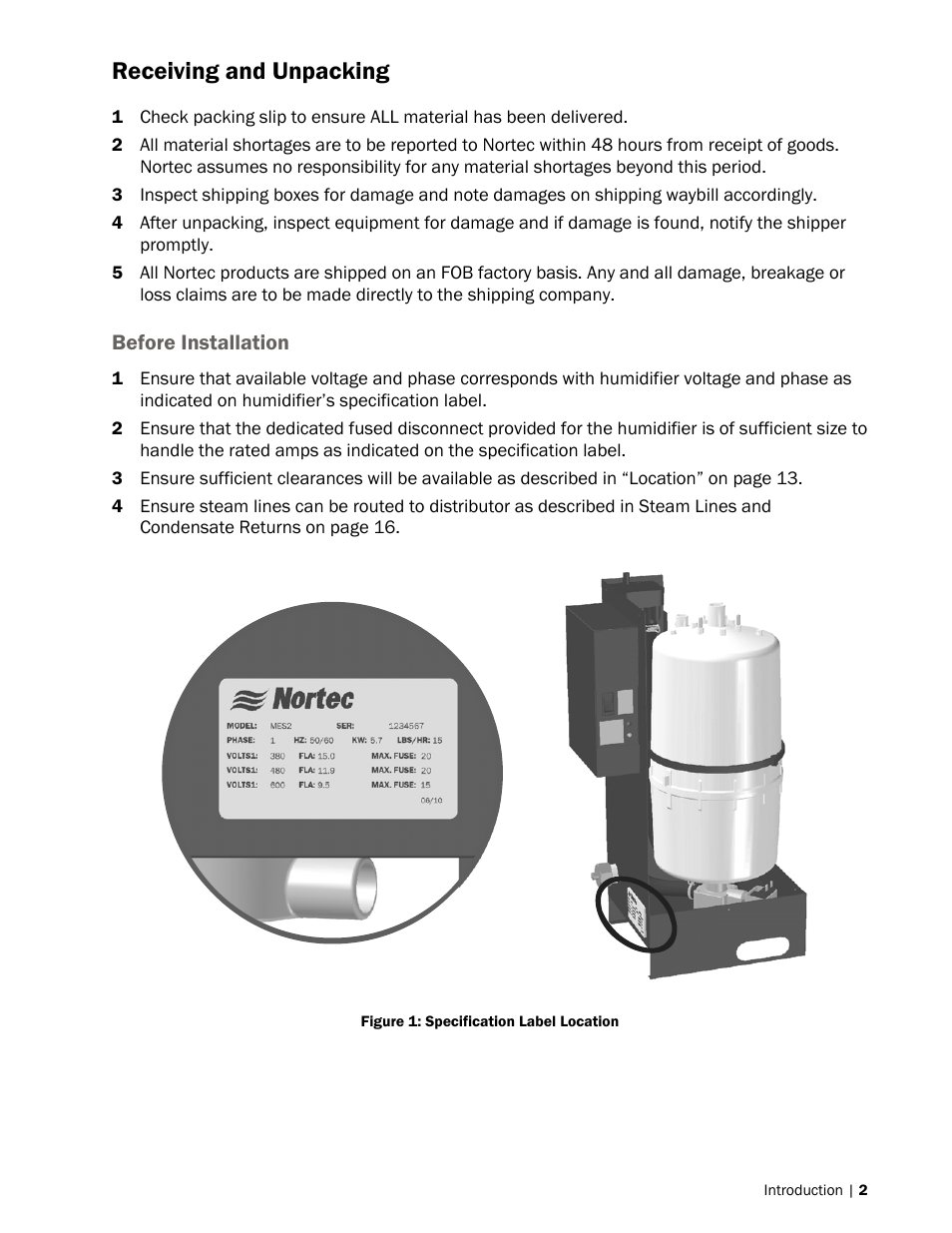 Receiving and unpacking | Nortec MES2 User Manual | Page 5 / 54