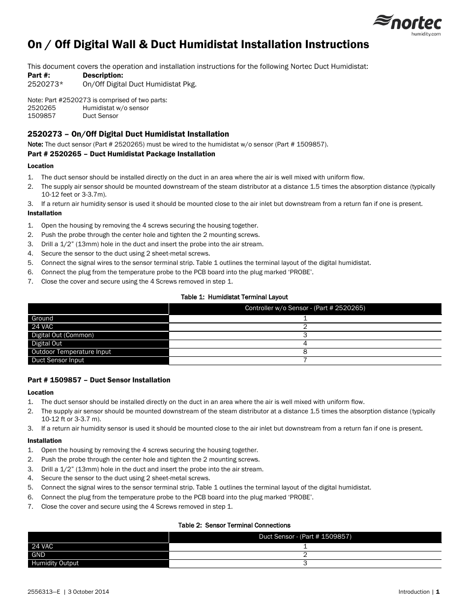 Nortec On Digital Wall & Duct Humidistat User Manual | 6 pages