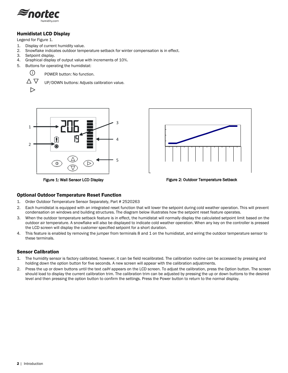 Humidistat lcd display, Optional outdoor temperature reset function, Sensor calibration | Nortec On Digital Wall & Duct Humidistat User Manual | Page 2 / 6