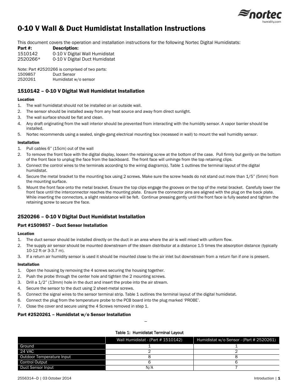 Nortec 0-10 V Wall & Duct Humidistat User Manual | 6 pages