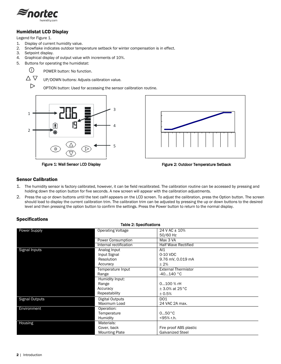 Humidistat lcd display, Sensor calibration, Specifications | Nortec 0-10 V Wall & Duct Humidistat User Manual | Page 2 / 6