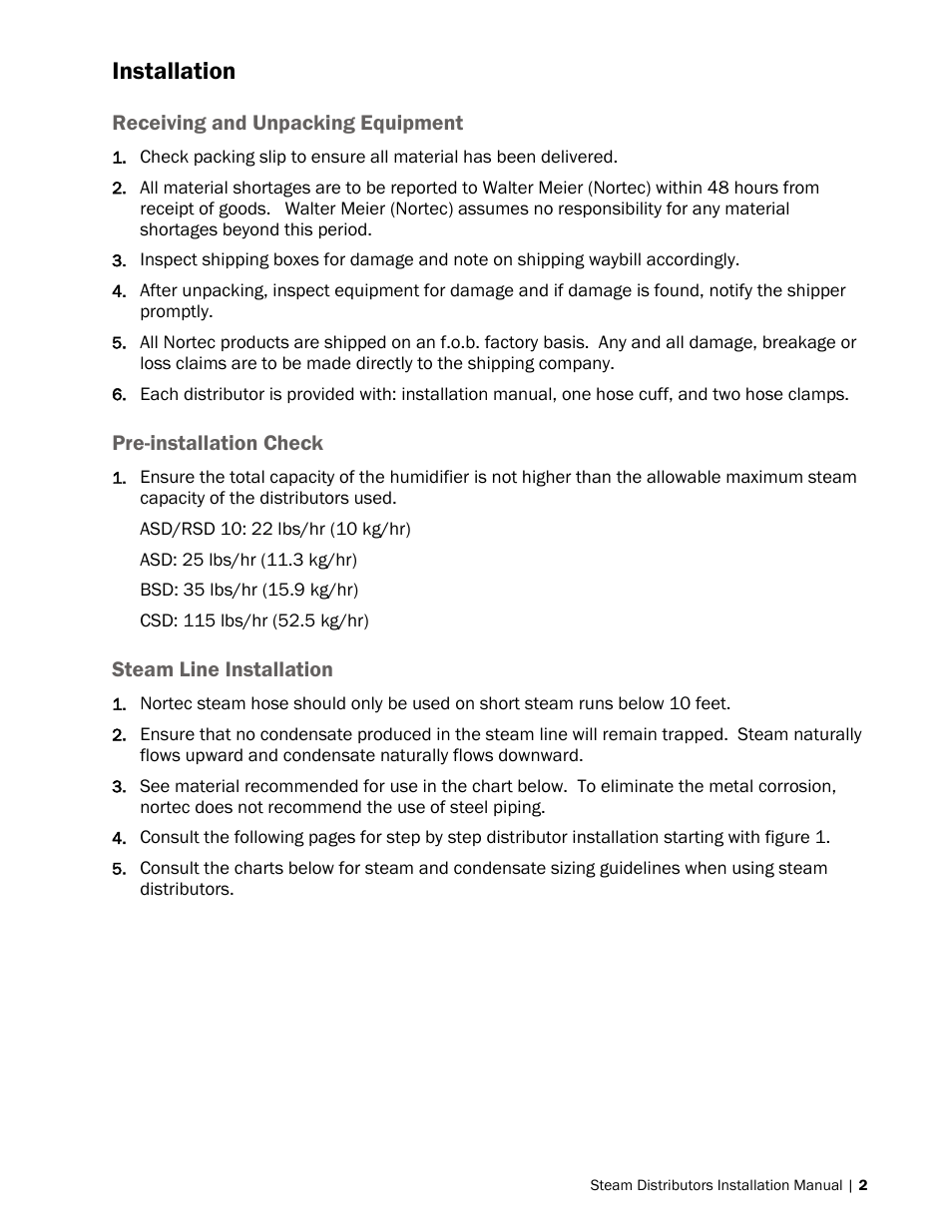 Installation, Receiving and unpacking equipment, Pre-installation check | Steam line installation | Nortec Steam Distributors User Manual | Page 5 / 16