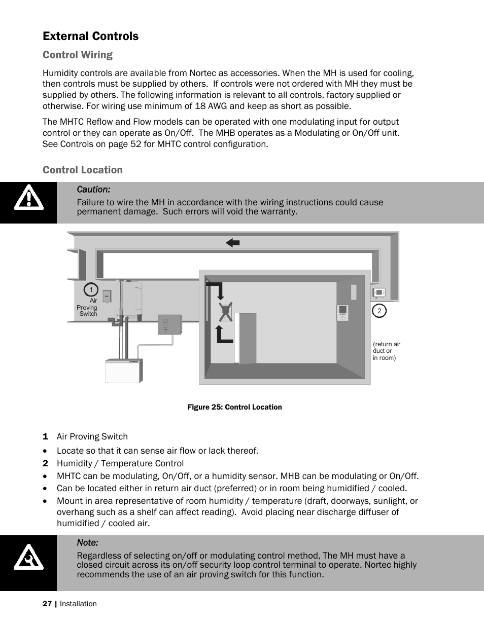 External controls, Control wiring, Control location | Nortec MH Series User Manual | Page 30 / 94