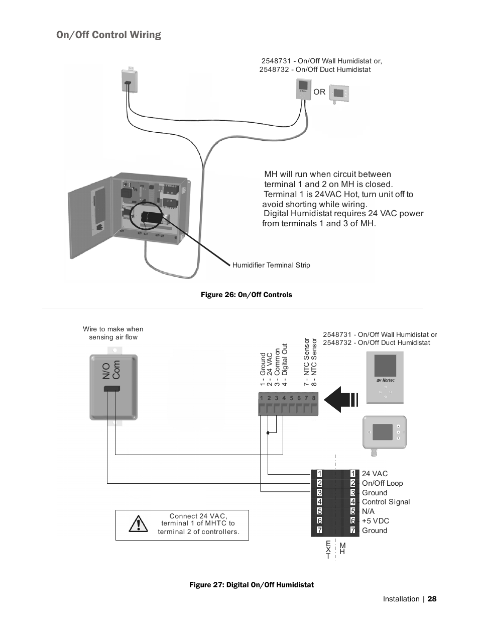 On/off control wiring, N/ o co m | Nortec MH Series User Manual | Page 31 / 94