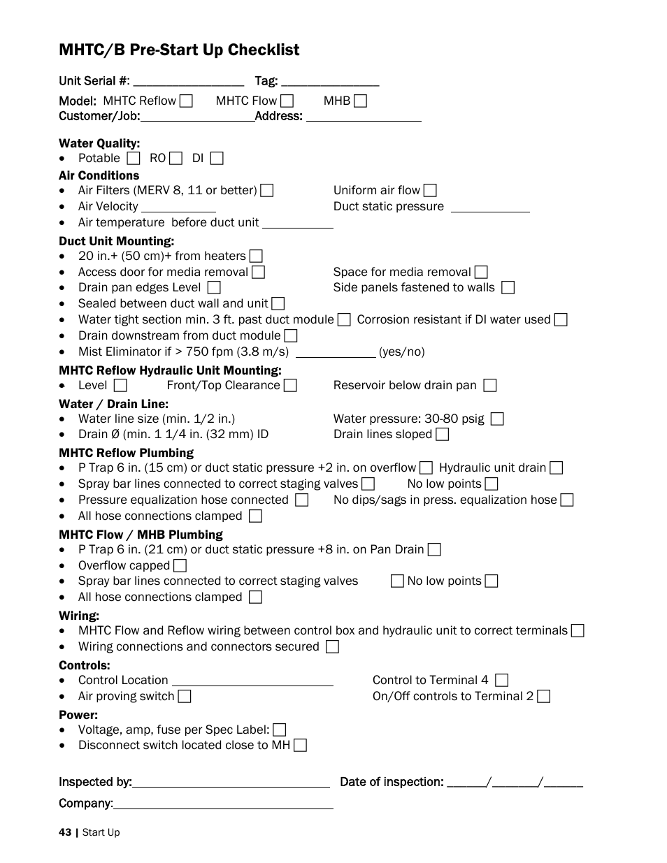 Mhtc/b pre-start up checklist | Nortec MH Series User Manual | Page 46 / 94