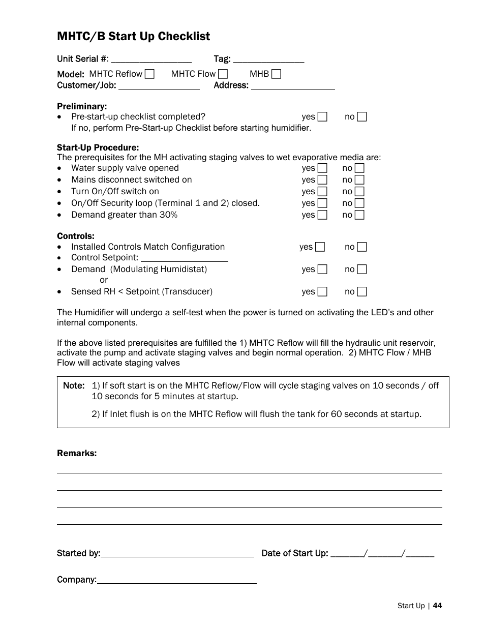 Mhtc/b start up checklist | Nortec MH Series User Manual | Page 47 / 94