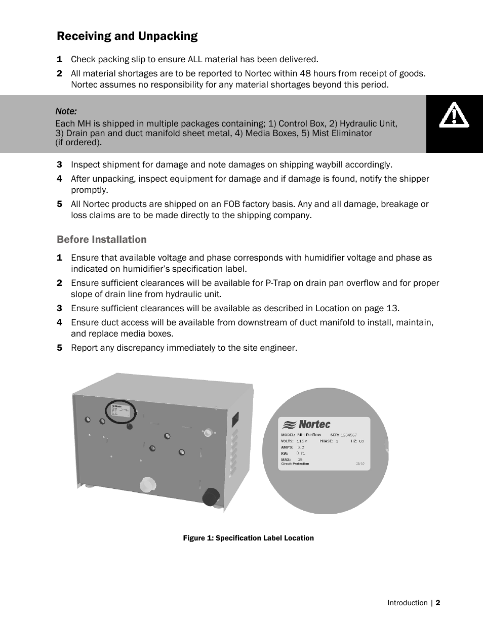 Receiving and unpacking | Nortec MH Series User Manual | Page 5 / 94