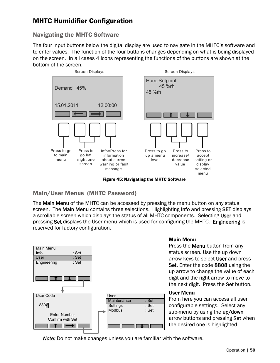 Mhtc humidifier configuration, Navigating the mhtc software, Main/user menus (mhtc password) | Mh reflow | Nortec MH Series User Manual | Page 53 / 94