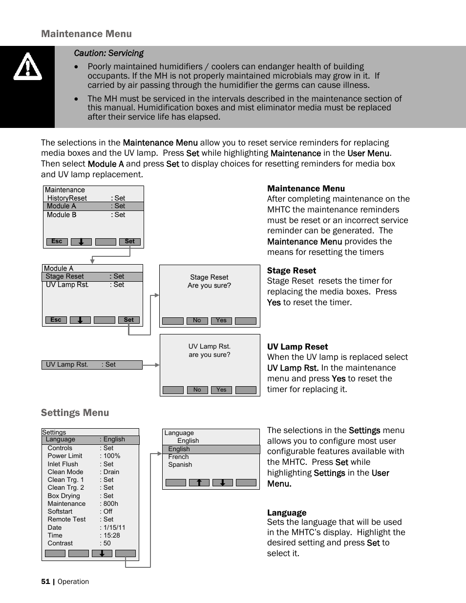 Maintenance menu, Settings menu | Nortec MH Series User Manual | Page 54 / 94